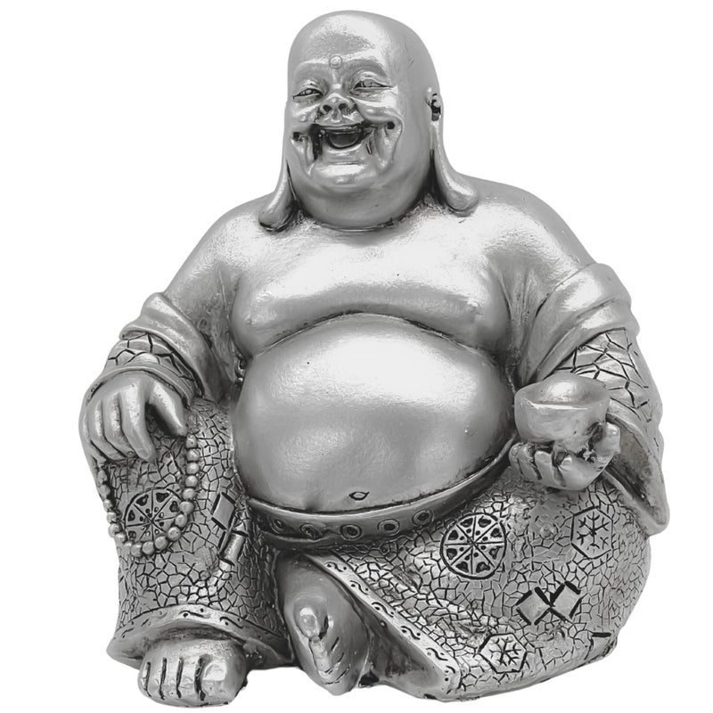 Bellaa 25761 Happy Laughing Buddha Hotei Feng Shui for Money Wealths Zen Chinese Buddhist Monk Budai Luck Happiness Budaishi Silver 6" Inches - Image 1